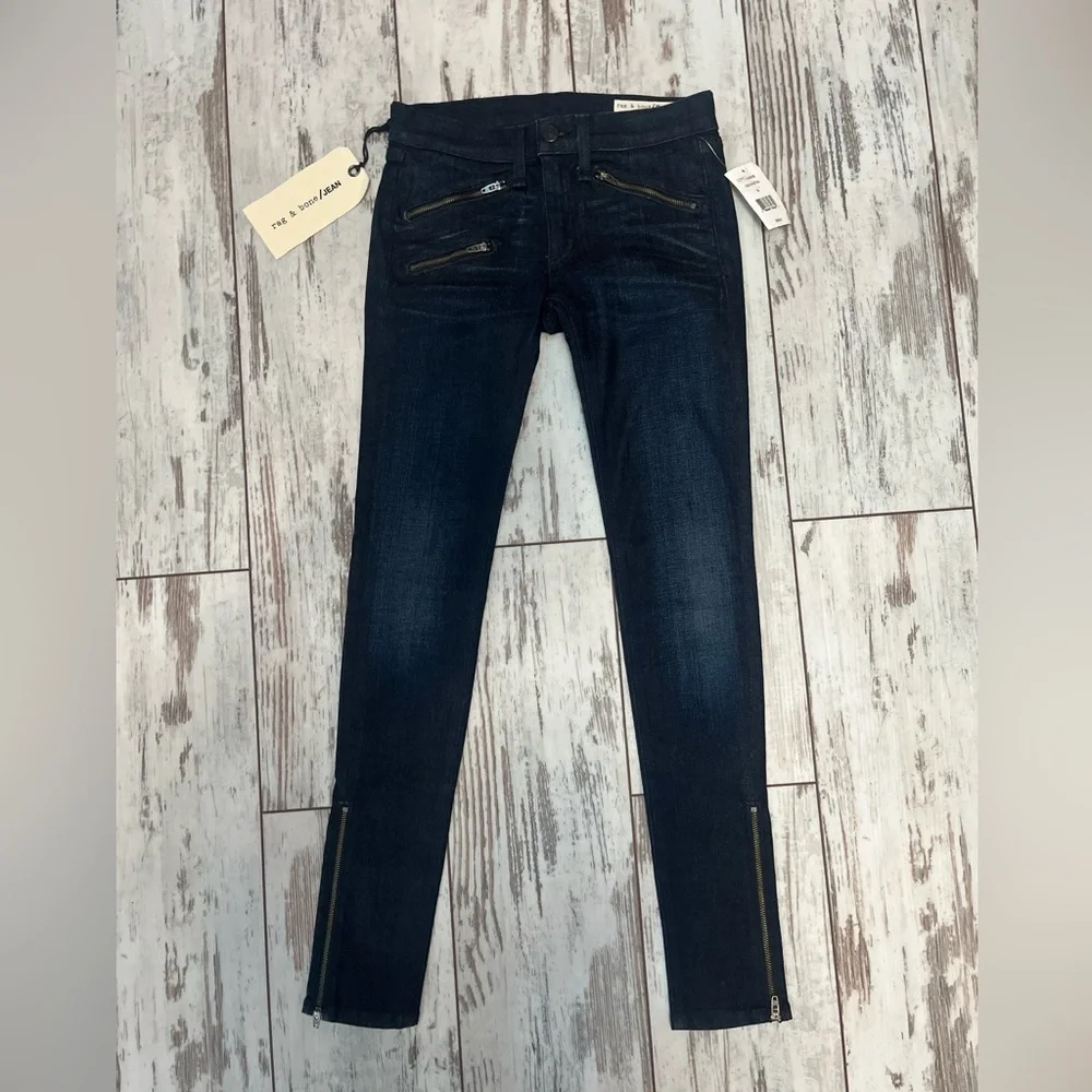 Rag & Bone Kensington Moto Skinny Jeans Dark Blue Zip Detail Size 24 NWT - Picture 4 of 16